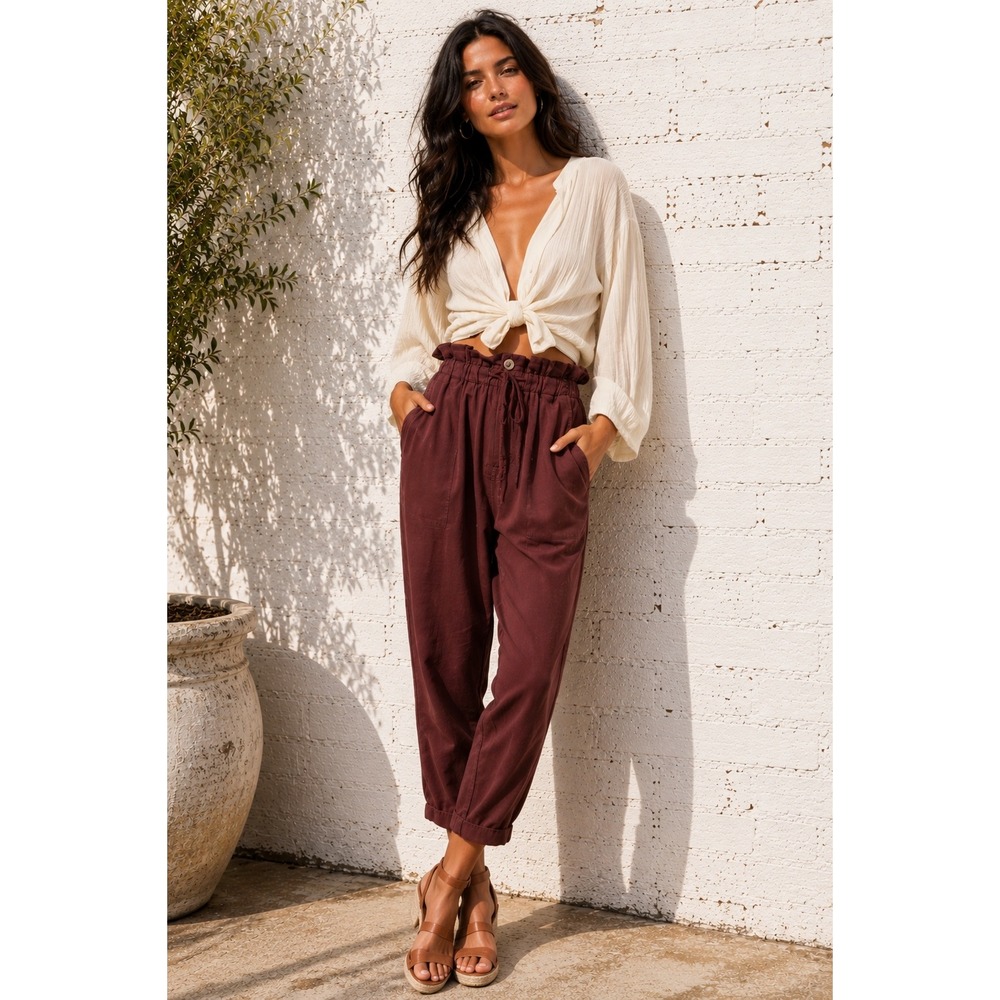 Free People Burgundy Cotton Margate Paperbag High Waisted Trouser XS